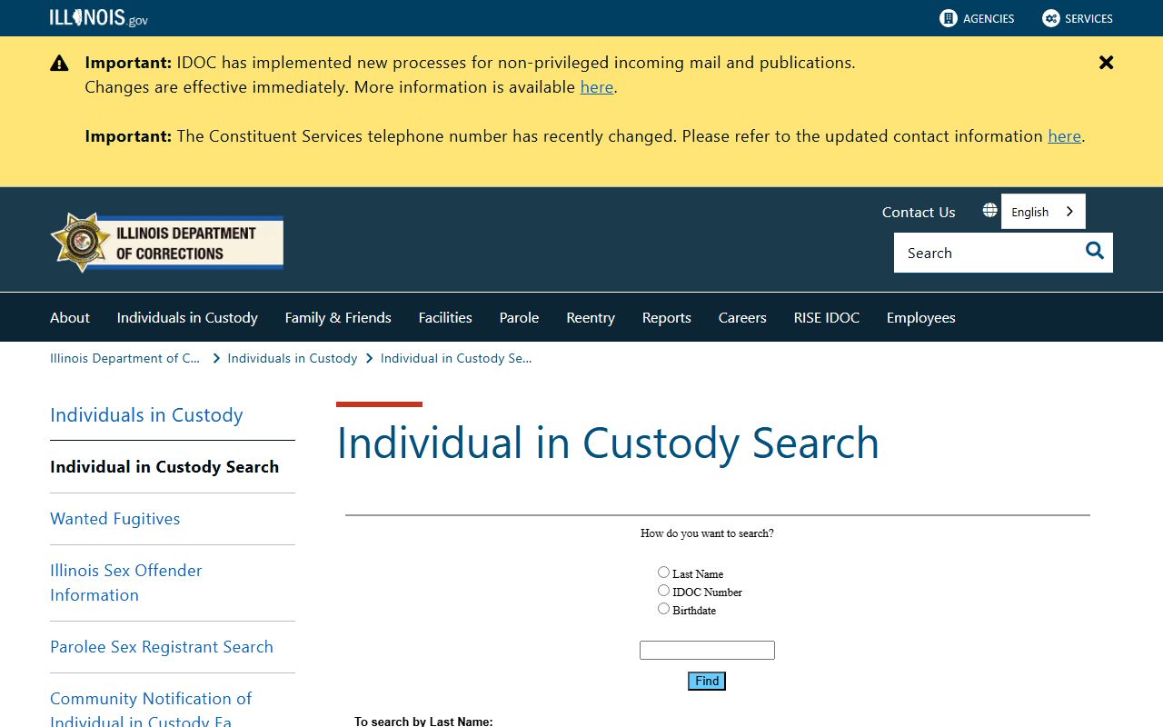Illinois inmate search IDOC Individual in Custody Search landing page
